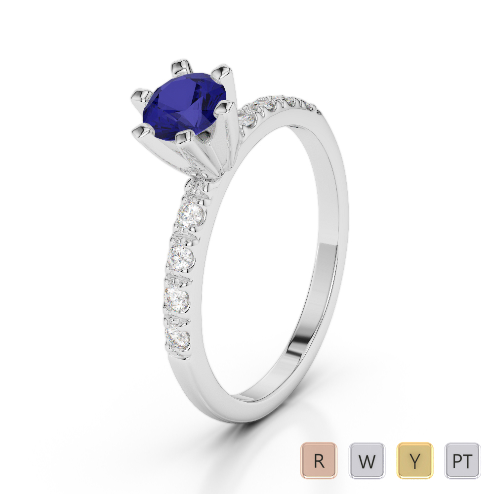 6 Prong Set Blue Sapphire and Diamond Engagement Ring 0238