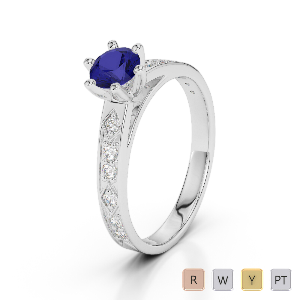 Round Cut Diamond Engagement Ring With Blue Sapphire 0240