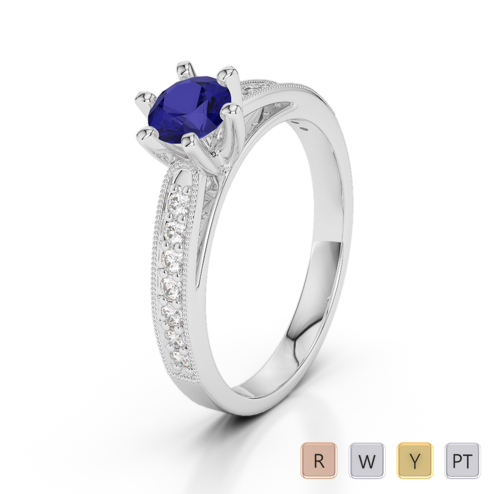 Milgrain Round Cut Blue Sapphire & Diamond Engagement Ring 0243