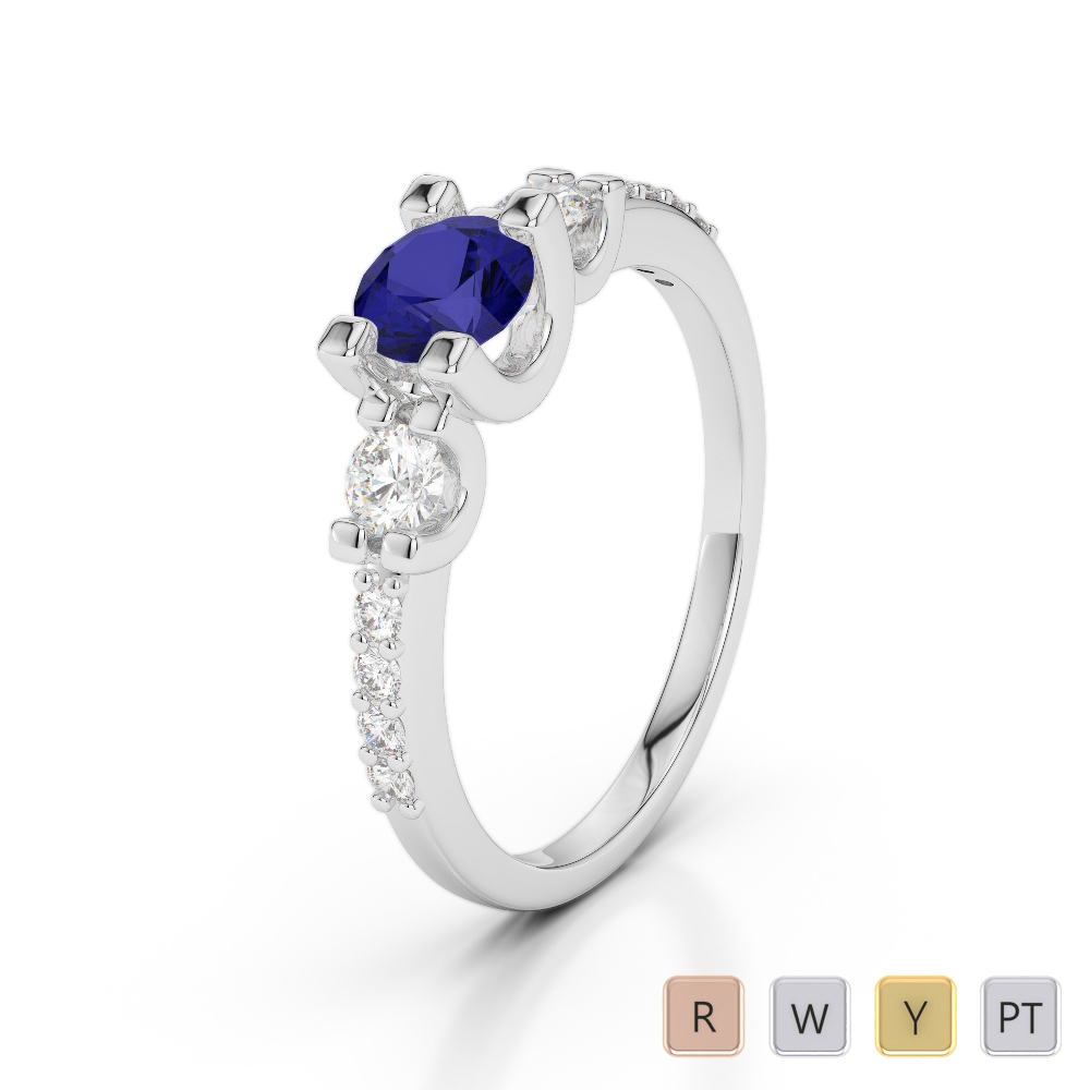 Round Cut Diamond and Blue Sapphire Engagement Ring 0244