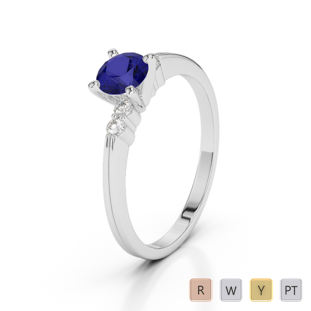 5 Stone Round Cut Diamond and Blue Sapphire Engagement Ring 0247