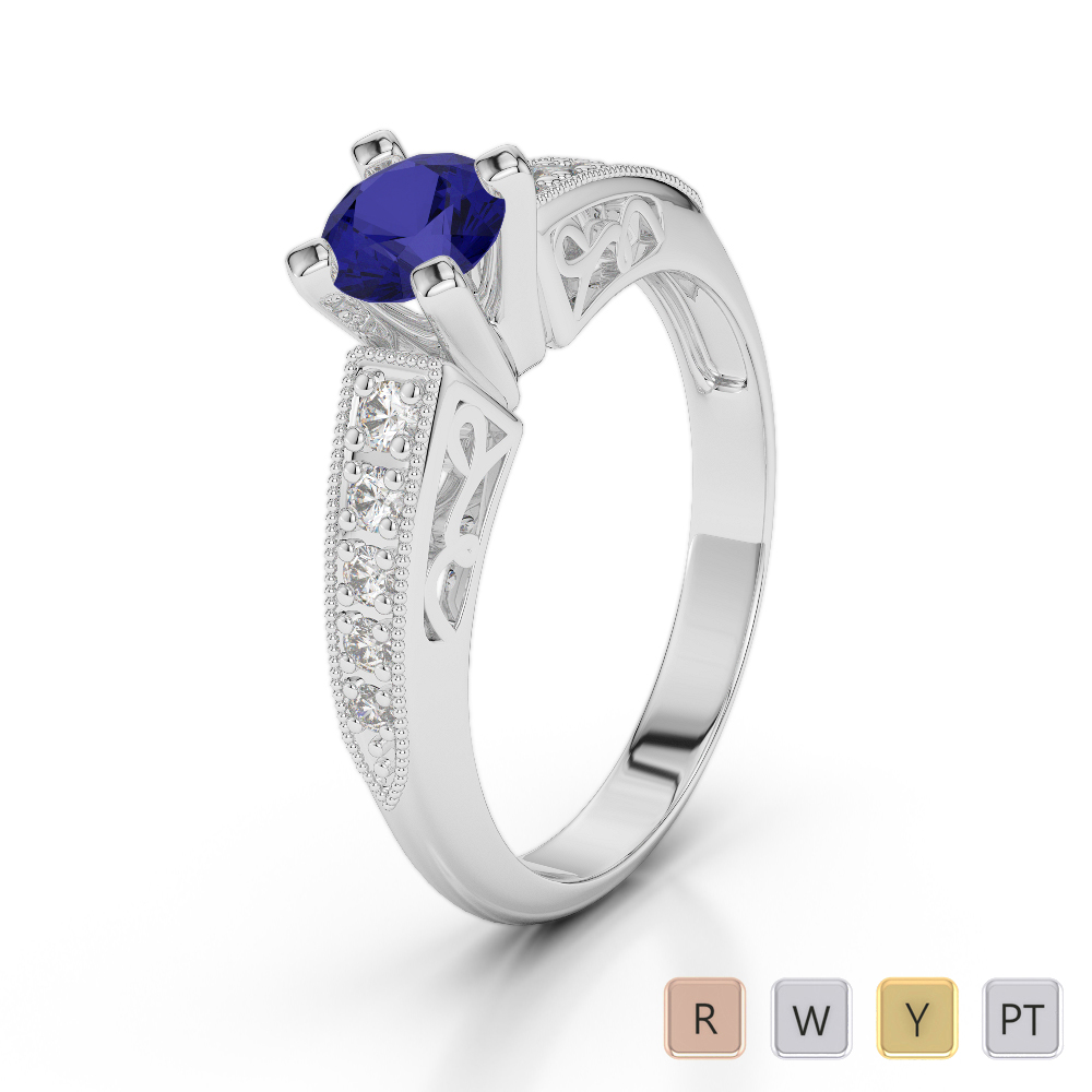 Milgrain Prong Set Diamond and Blue Sapphire Engagement Ring 0249