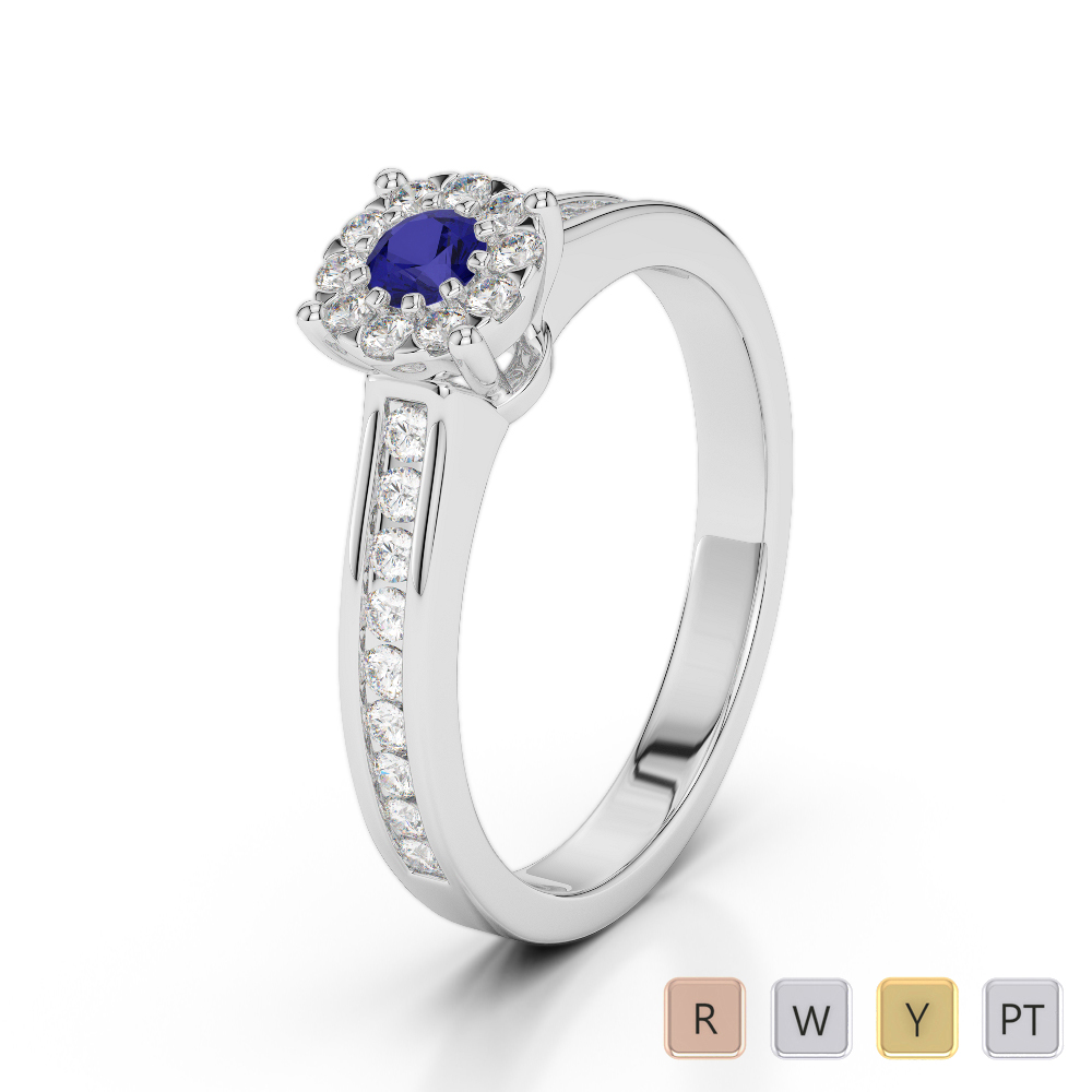 Round Cut Diamond & Blue Sapphire Engagement Ring 0252
