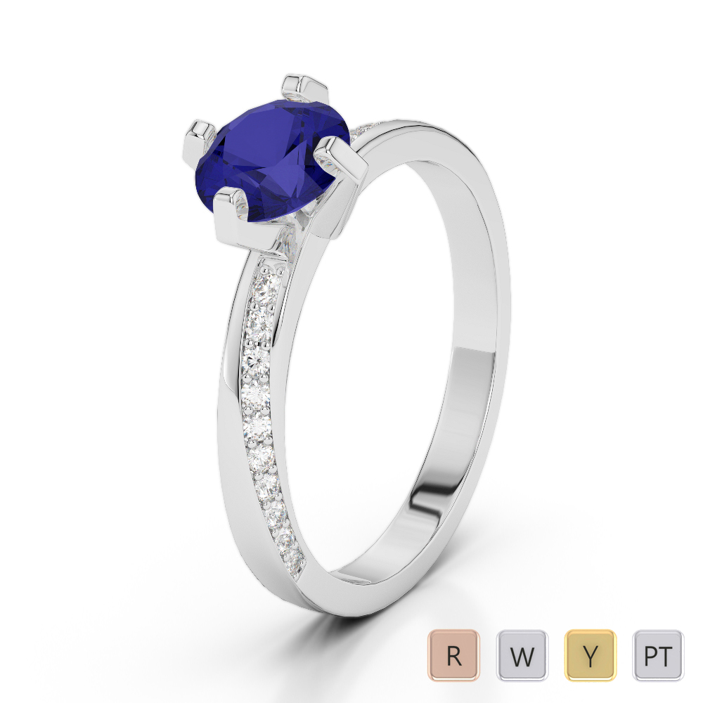 4 Claw Set Blue Sapphire & Diamond Engagement Ring 0258