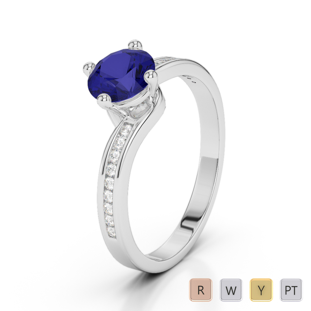 Prong Set Blue Sapphire and Channel Set Diamond Engagement Ring 0260