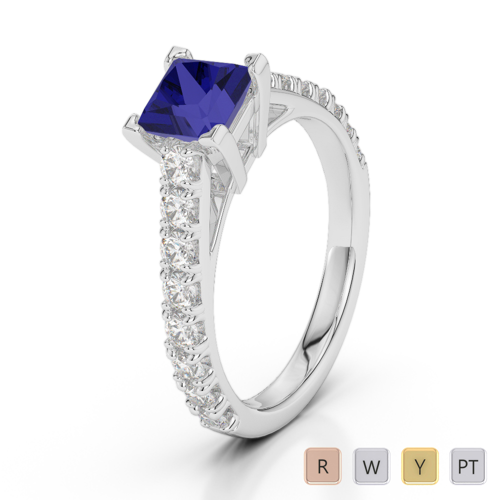 Princess Cut Blue Sapphire & Round Diamond Engagement Ring 0261