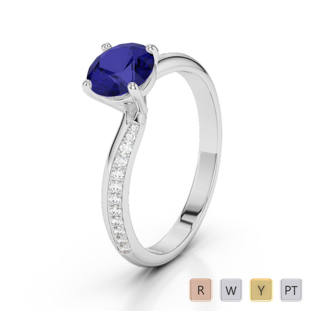 Round Cut Blue Sapphire & Diamond Engagement Ring 0266