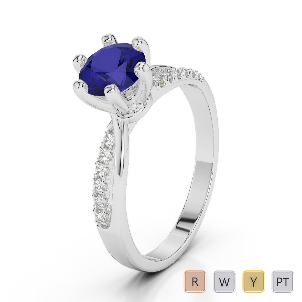 6 Prong Set Blue Sapphire and Diamond Engagement Ring 0268