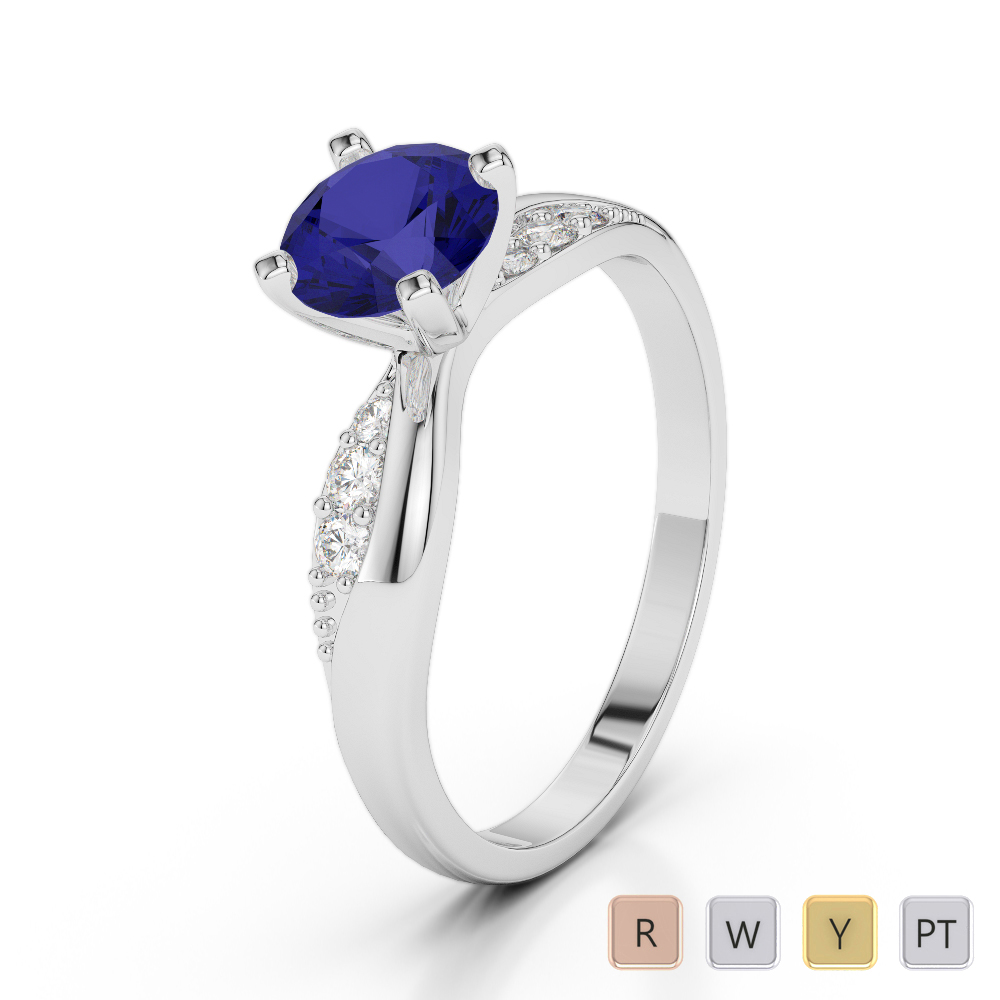 7 Stone Round Cut Blue Sapphire & Diamond Engagement Ring 0269