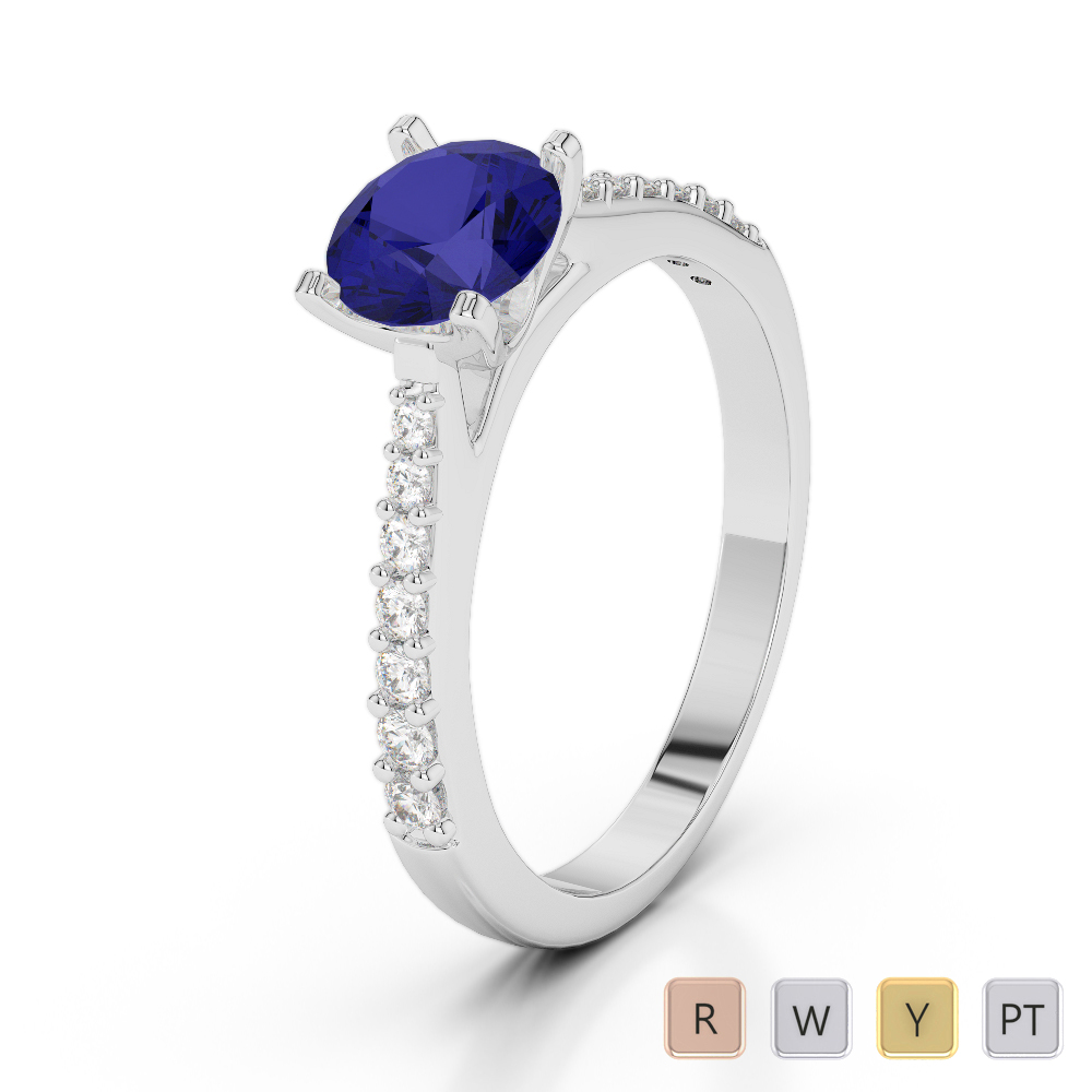 Round Cut Blue Sapphire & Diamond Engagement Ring 0277