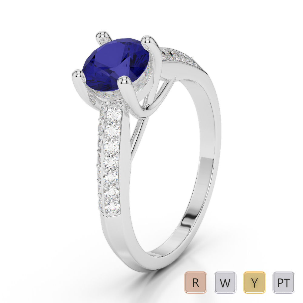 Round Cut Diamond & Blue Sapphire Engagement Ring 0279