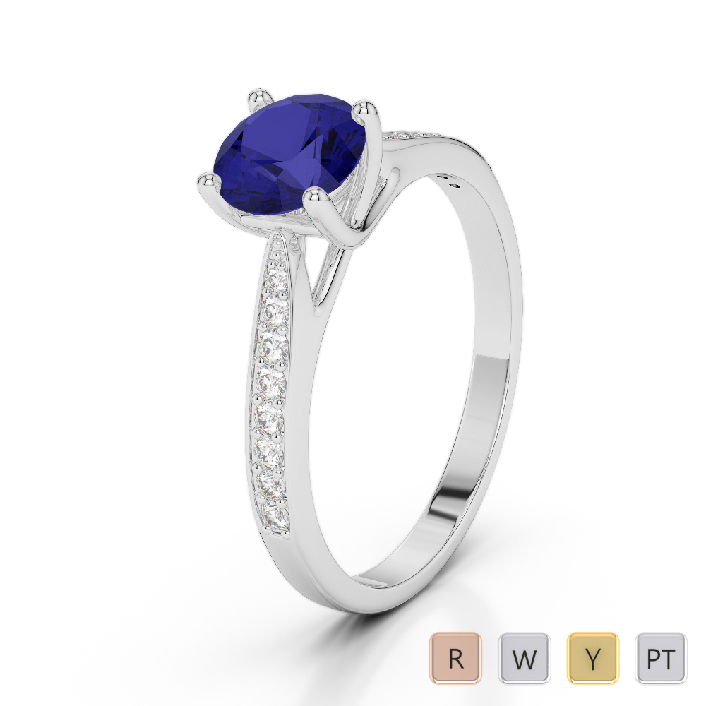 Round Cut Blue Sapphire Engagement Ring With Diamond 0284