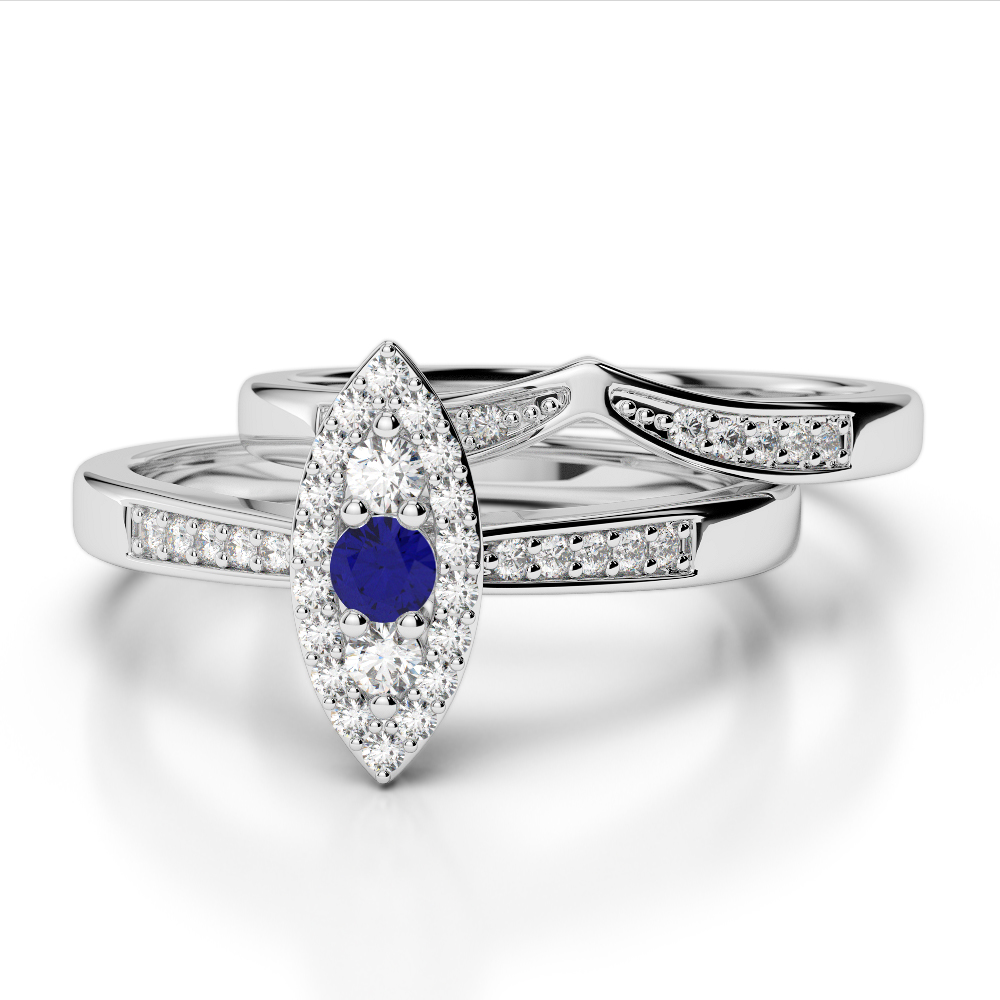 Prong Set Blue Sapphire and Diamond Bridal Set Ring 0289