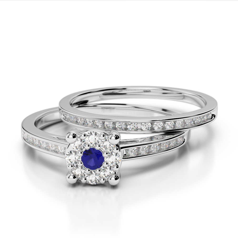 Channel Set Diamond & Prong Set Blue Sapphire Bridal Set Ring 0291