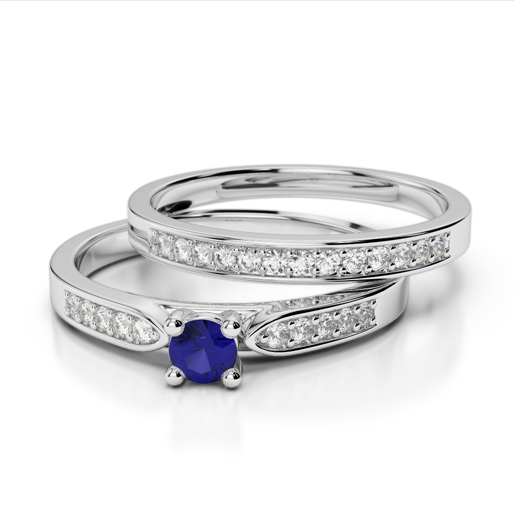 Round Cut Bridal Set Ring With Blue Sapphire and Diamond 0293
