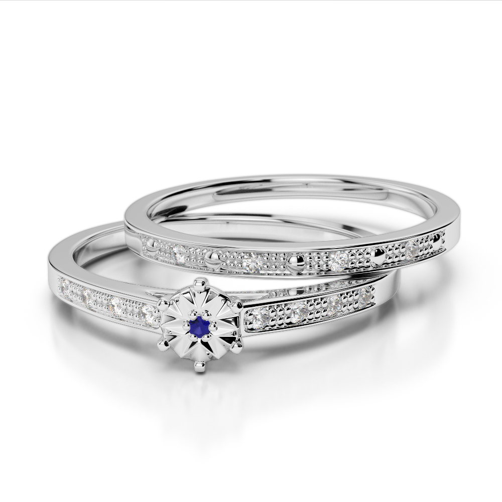 Round Cut Diamond and Blue Sapphire Bridal Set Ring 0295