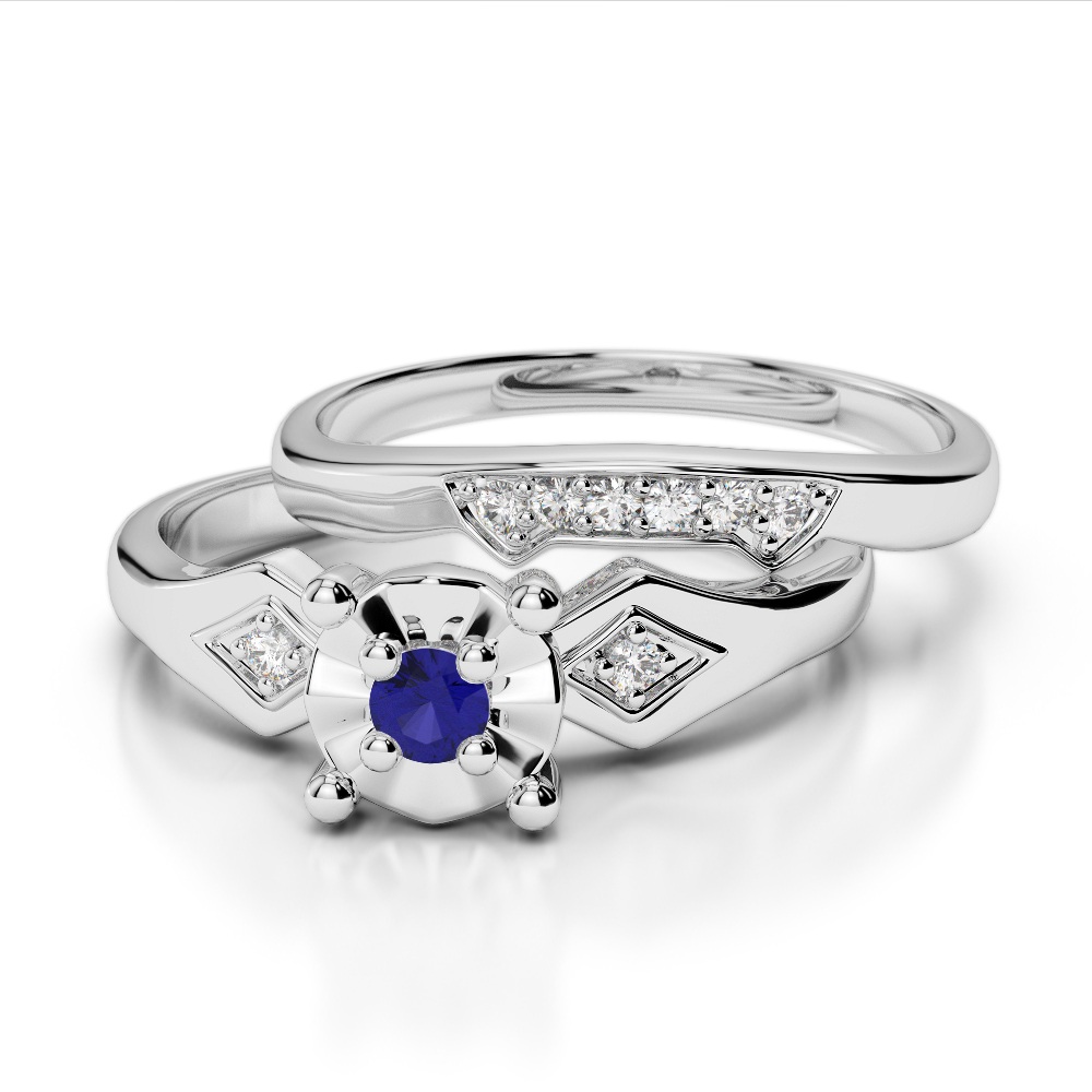 9 Stone Round Cut Blue Sapphire and Diamond Bridal Set Ring 0297