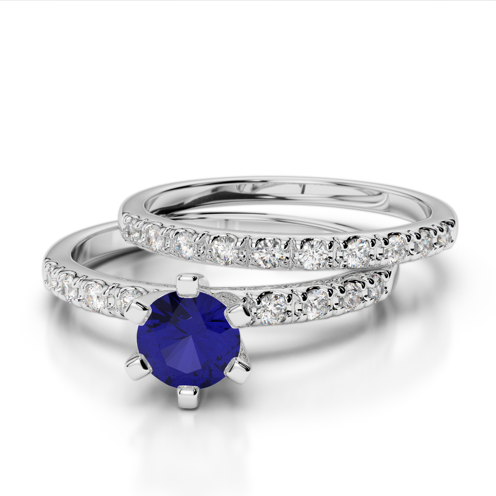 Round Cut Blue Sapphire Bridal Set Ring With Diamond 0304
