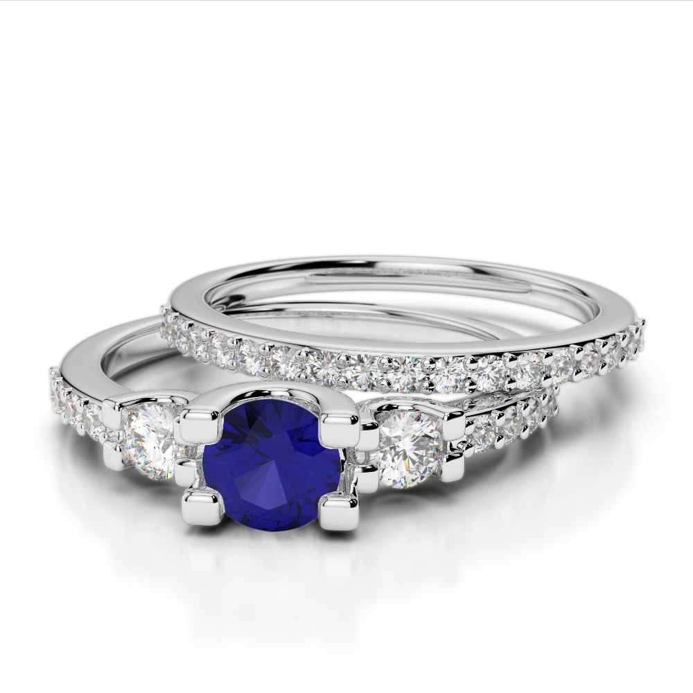 4 Claw Set Bridal Set Ring With Diamond and Blue Sapphire 0310