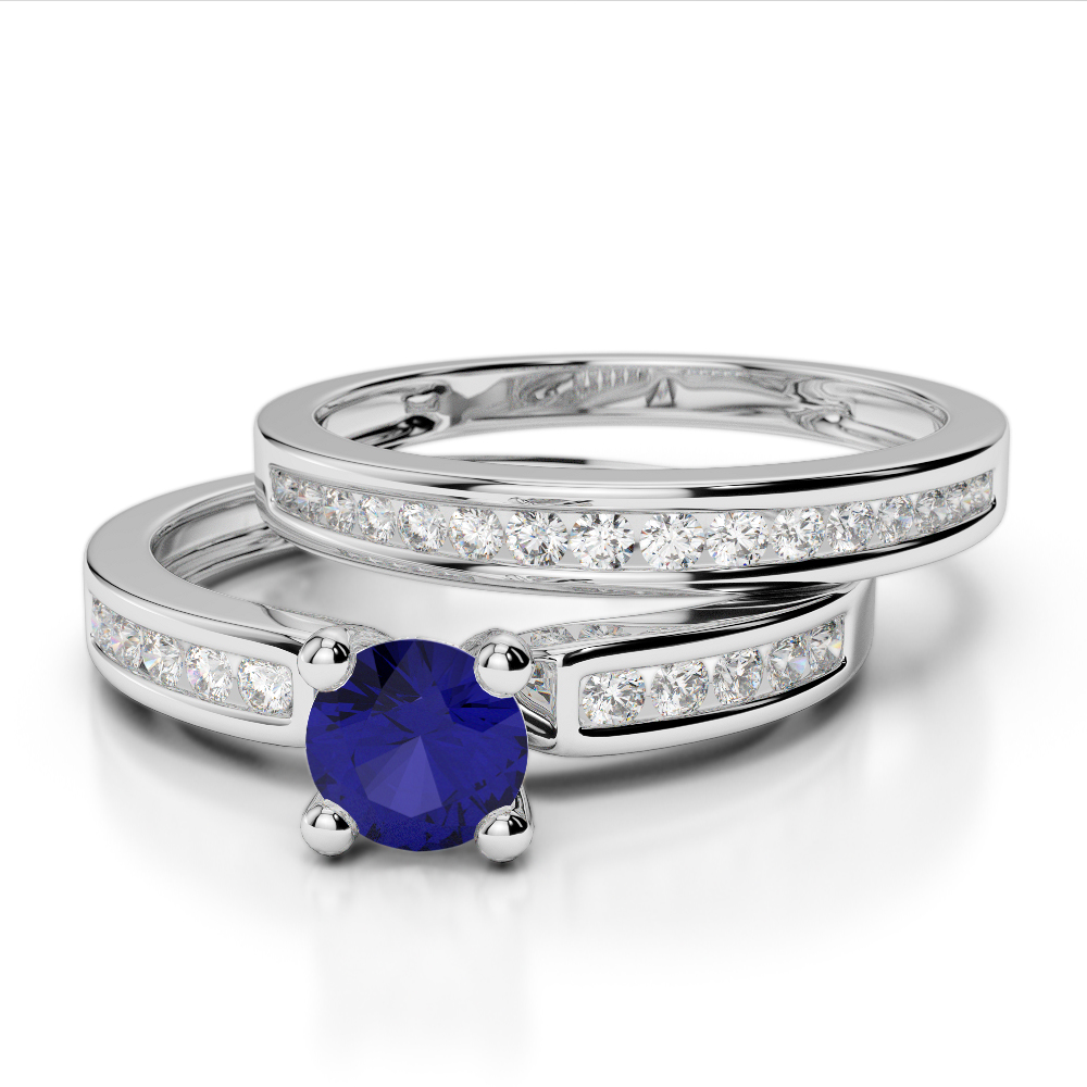 Channel Set Diamond & Prong Set Blue Sapphire Bridal Set Ring 0312
