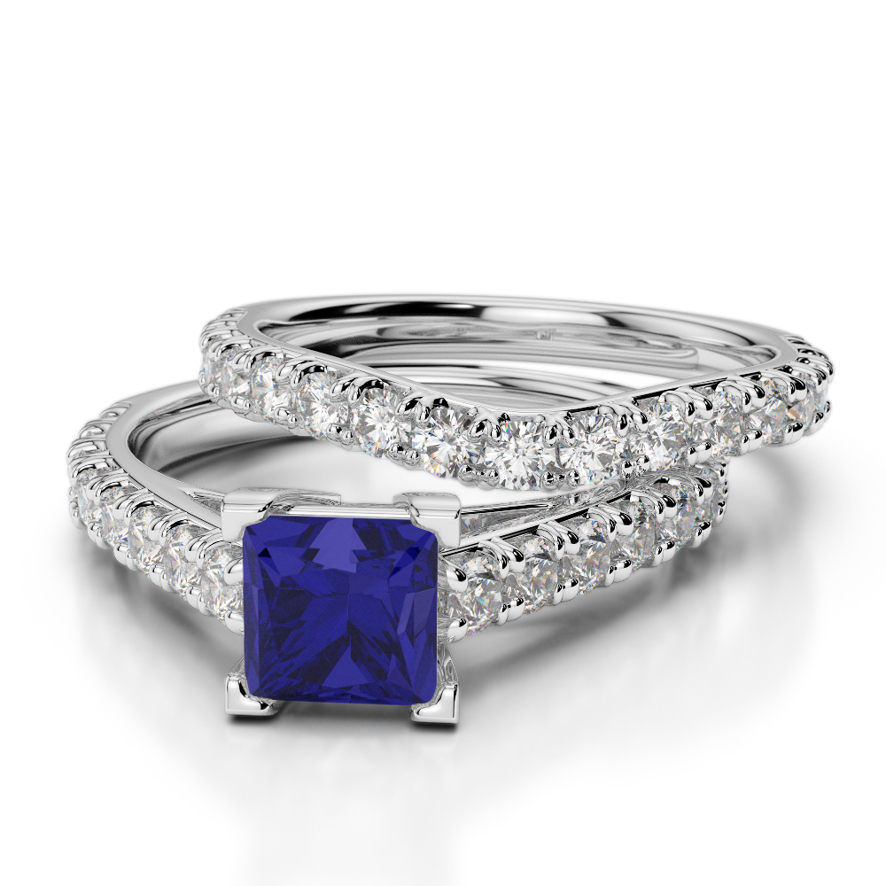Princess Cut Blue Sapphire & Round Diamond Bridal Set Ring 0327