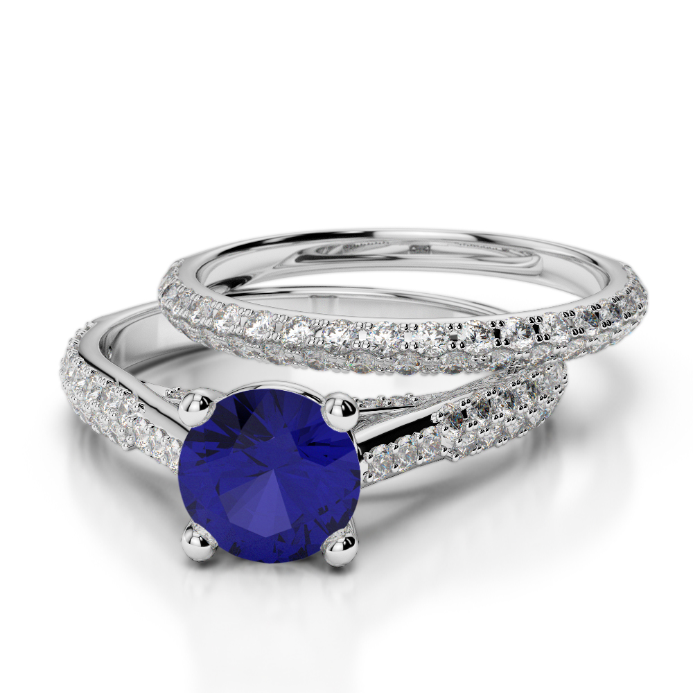 Prong Set Diamond and Blue Sapphire Bridal Set Ring 0330