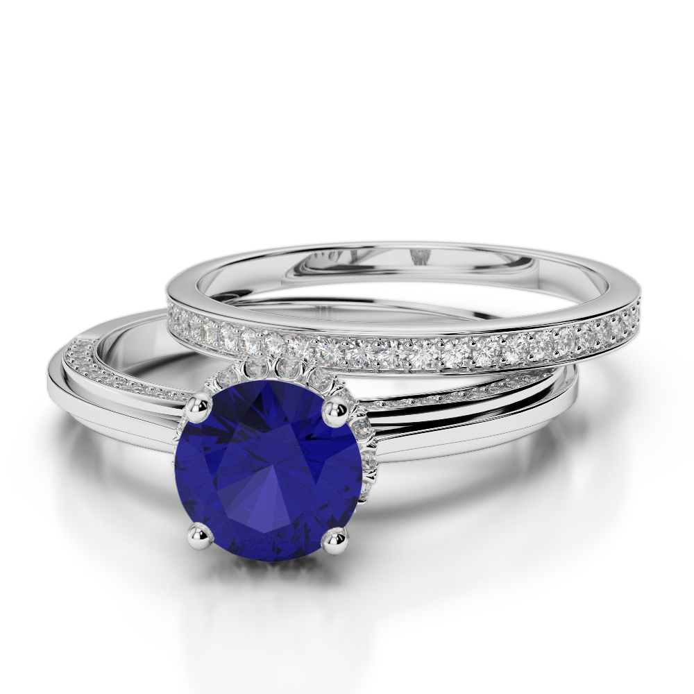 Round Cut Blue Sapphire Bridal Set Ring With Diamond 0340