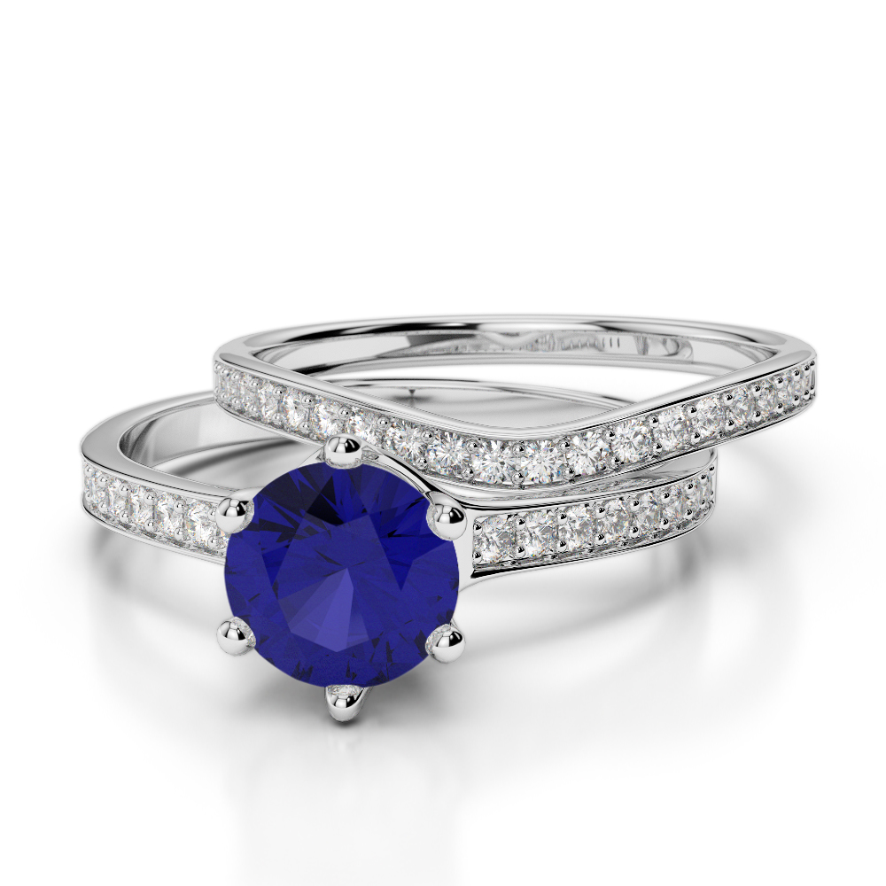 Round Cut Bridal Set Ring With Diamond & Blue Sapphire 0348