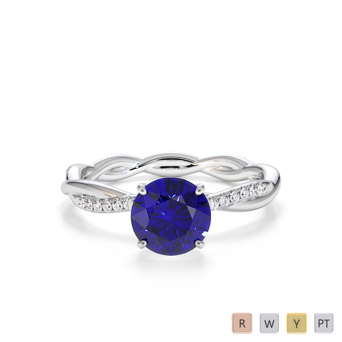 Round Cut Diamond & Blue Sapphire Engagement Ring 0764
