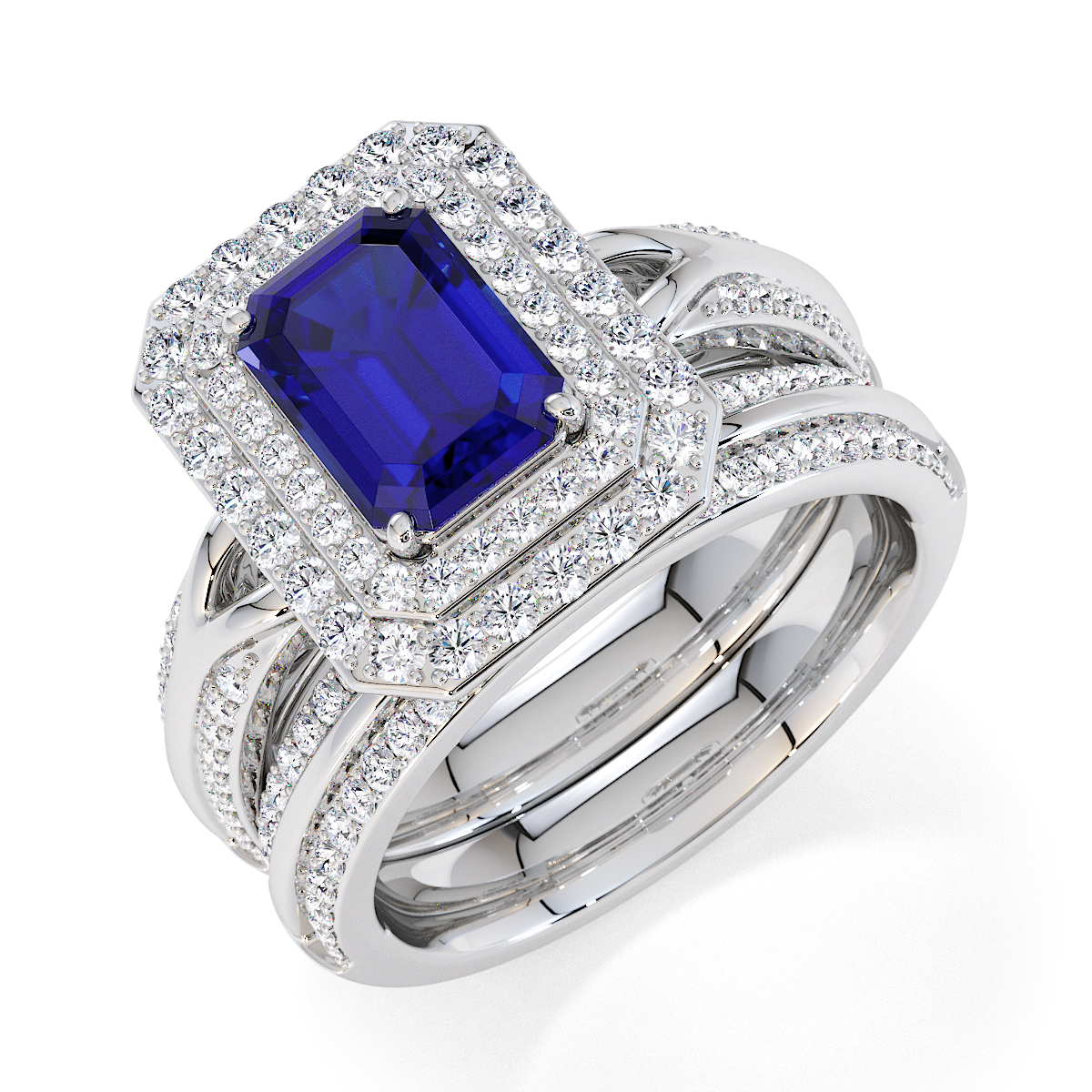 Emerald Cut Blue Sapphire and Diamond Engagement Ring 0779