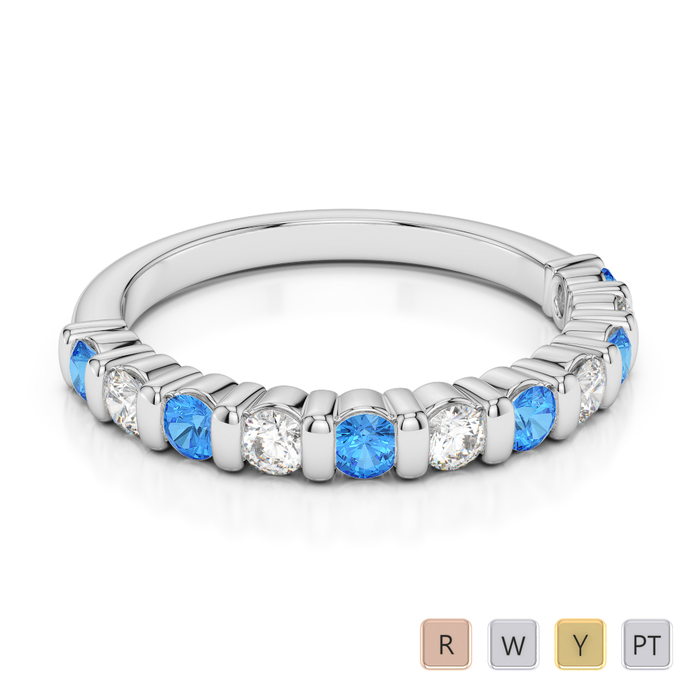 2.5MM Bar Set Blue Topaz Half Eternity Ring With Diamond 0374