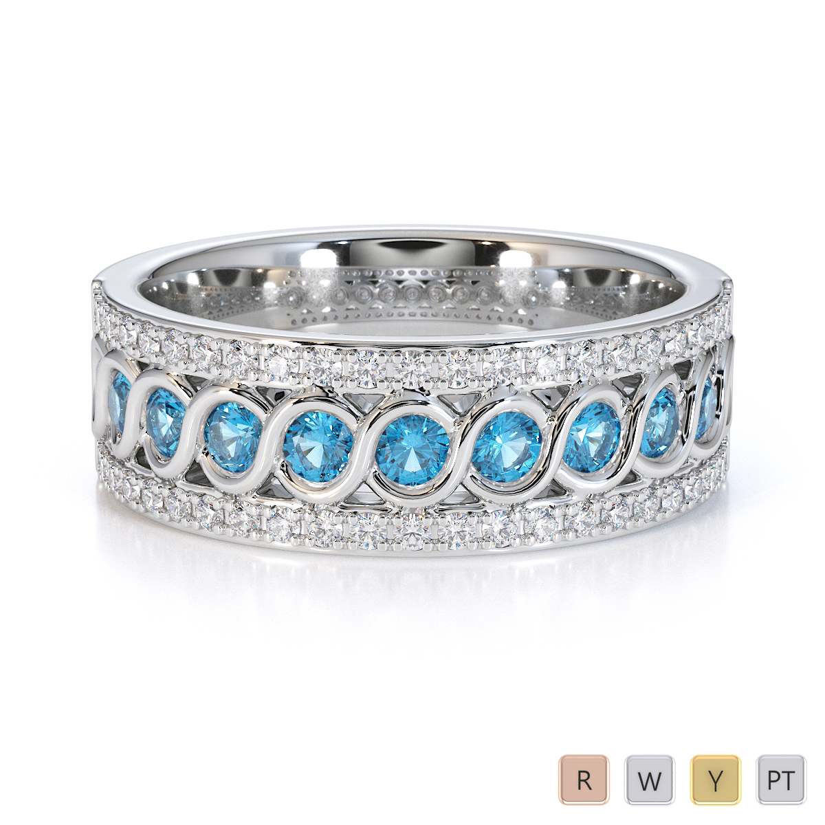 Bezel Set Blue Topaz and Prong Set Diamond Half Eternity Ring 0449