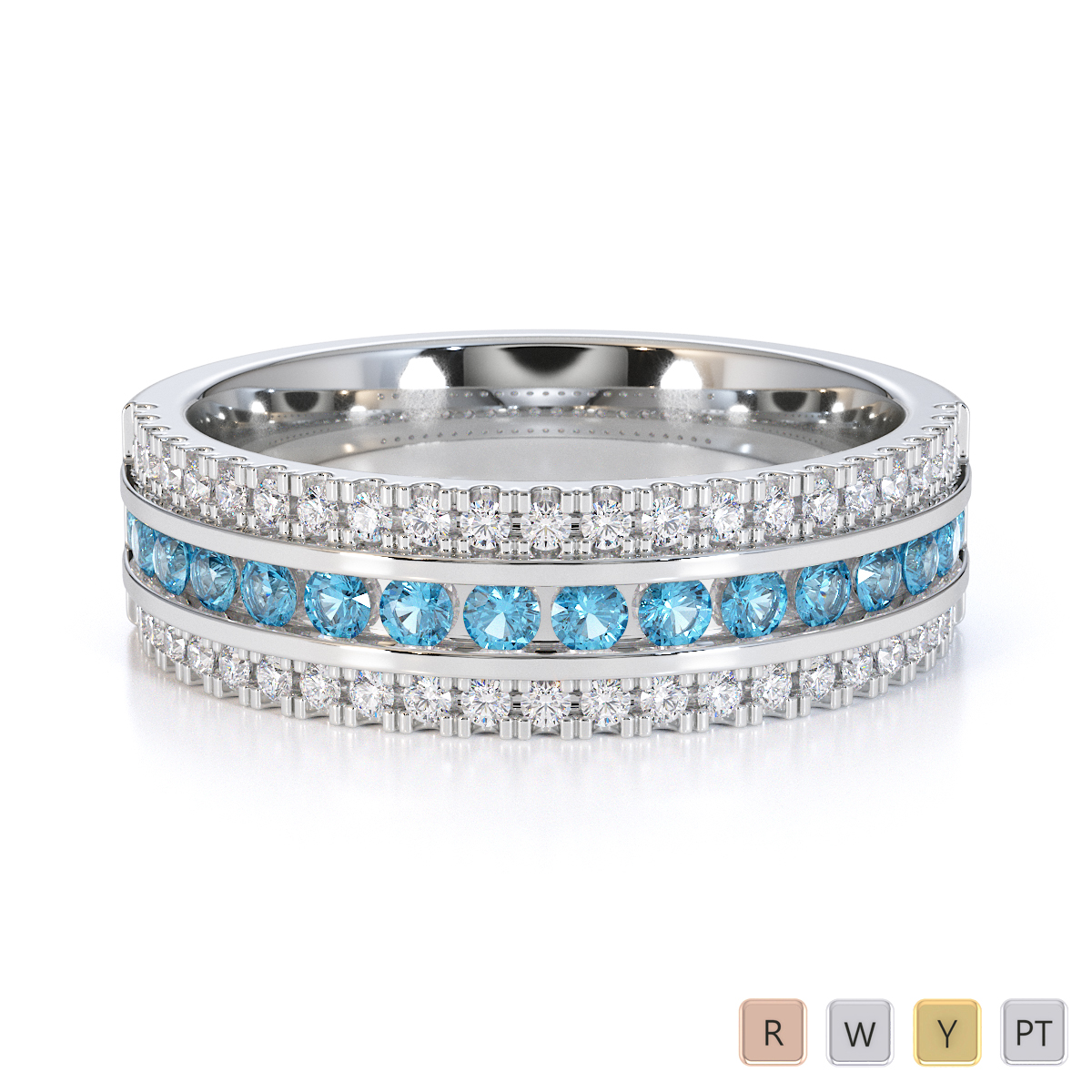 Three Row Channel Set Blue Topaz and Prong Set Diamond Half Eternity Ring 0451