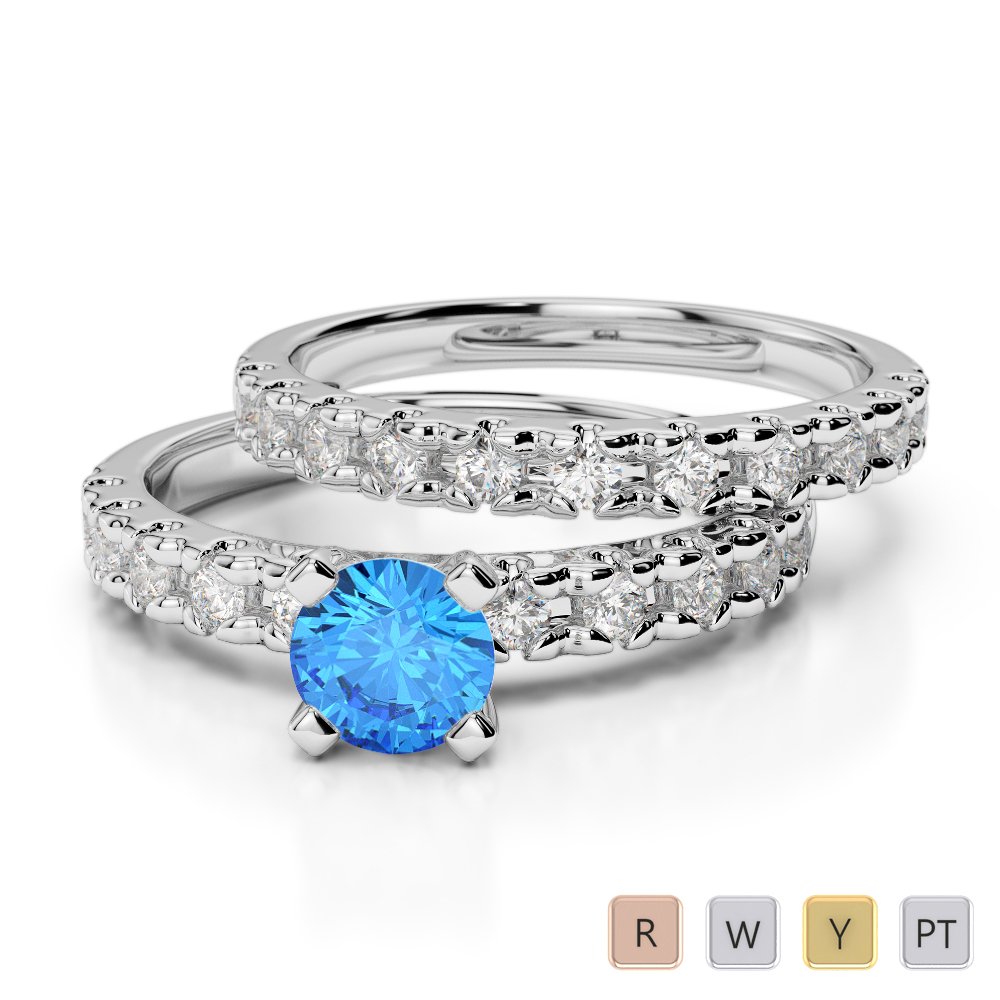 Round Cut Bridal Set Ring With Diamond and Blue Topaz 0299