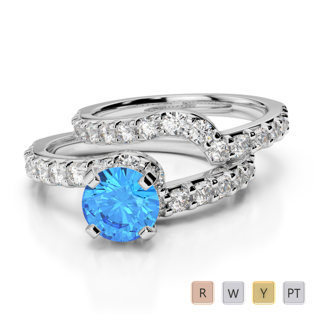Four Claw Set Blue Topaz Bridal Set Ring With Diamond 0325
