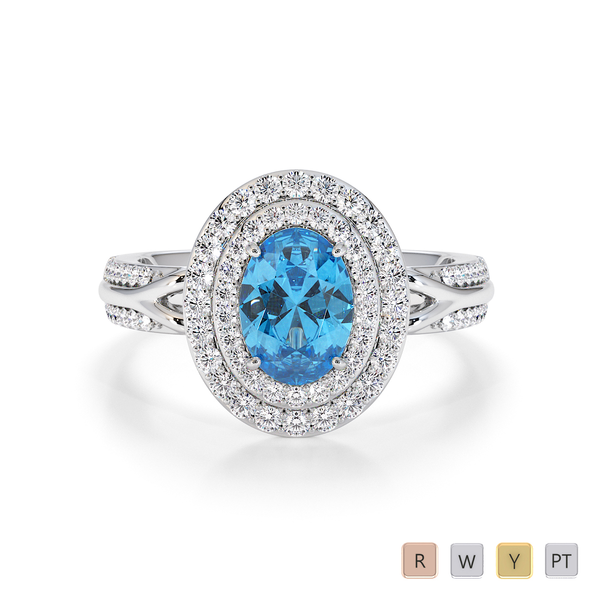 Round Cut Diamond & Oval Shape Blue Topaz Engagement Ring 0778