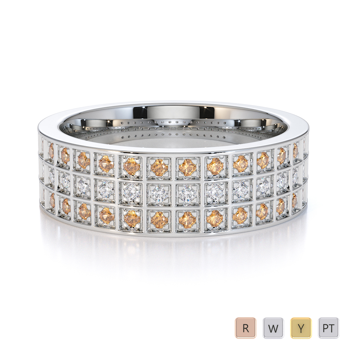 Three Row Claw Set Citrine Half Eternity Ring With Diamond 0437