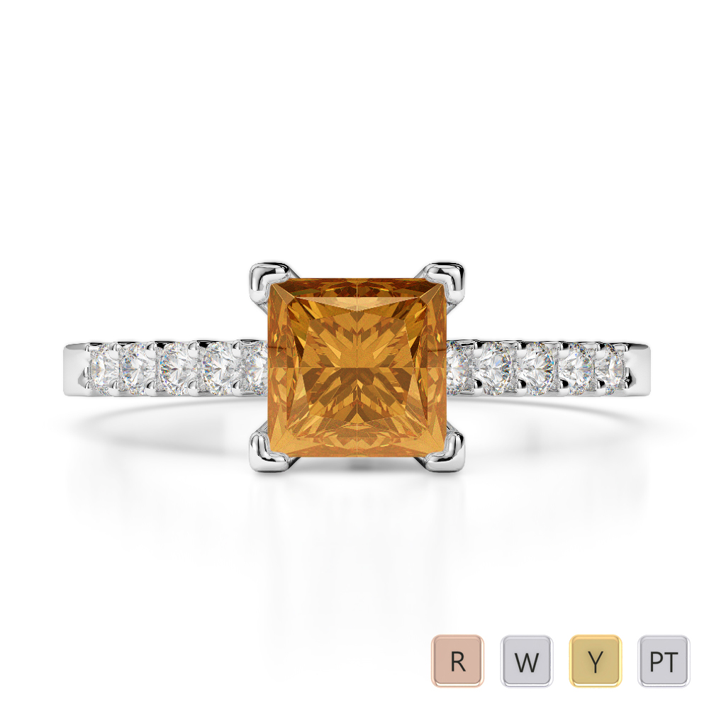 Princess Citrine and Round Diamond Engagement Ring With Diamond 0208