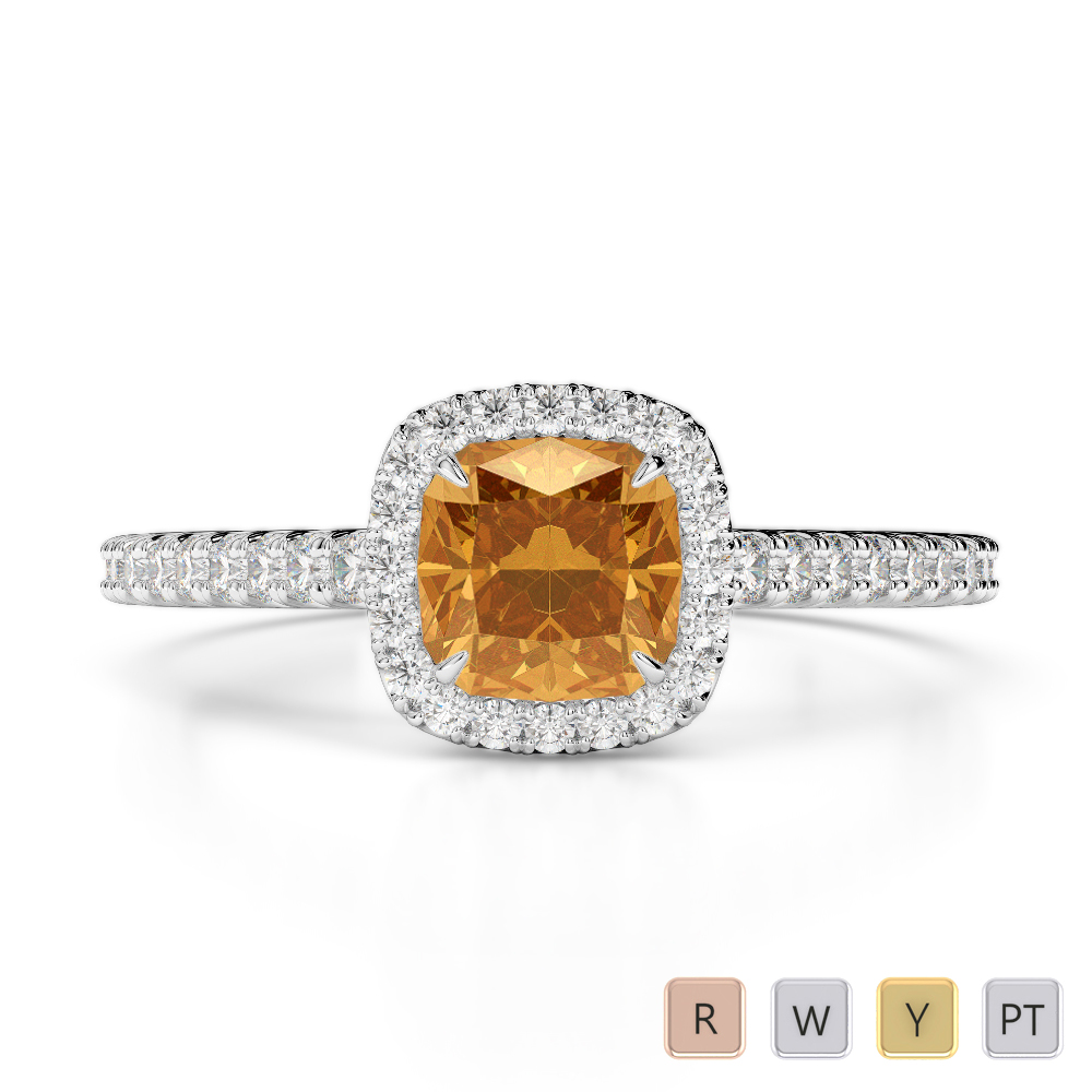 Cushion Cut Citrine and Round Diamond Engagement Ring 0210