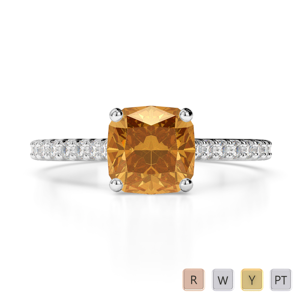 Cushion Cut Citrine and Round Diamond Engagement Ring 0214