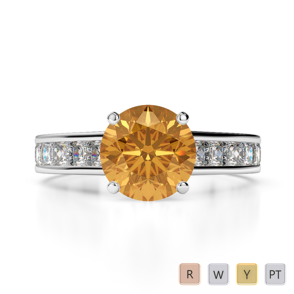 Round Cut Citrine and Princess Diamond Engagement Ring 0222