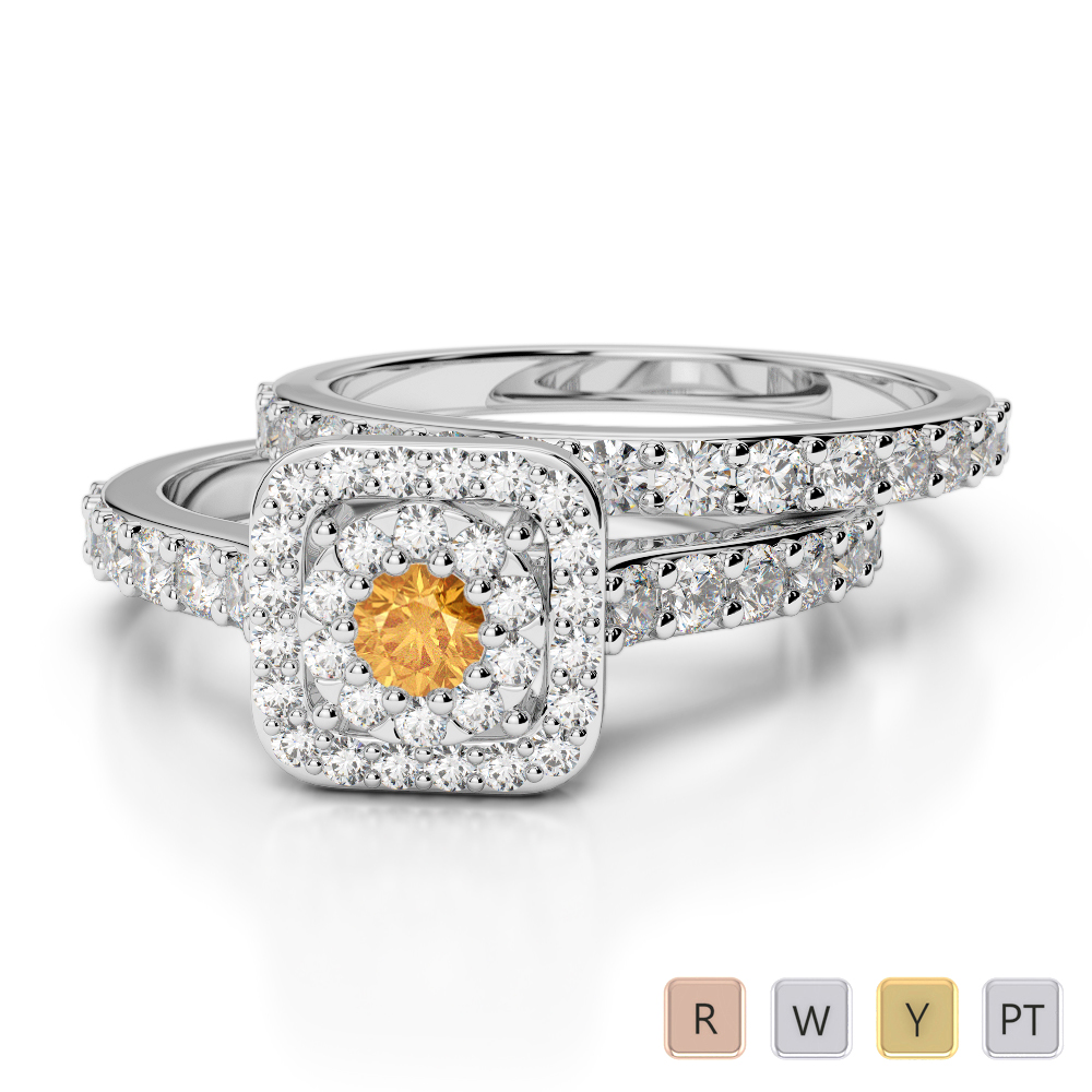 Round Cut Citrine and Diamond Bridal Set Ring 0322