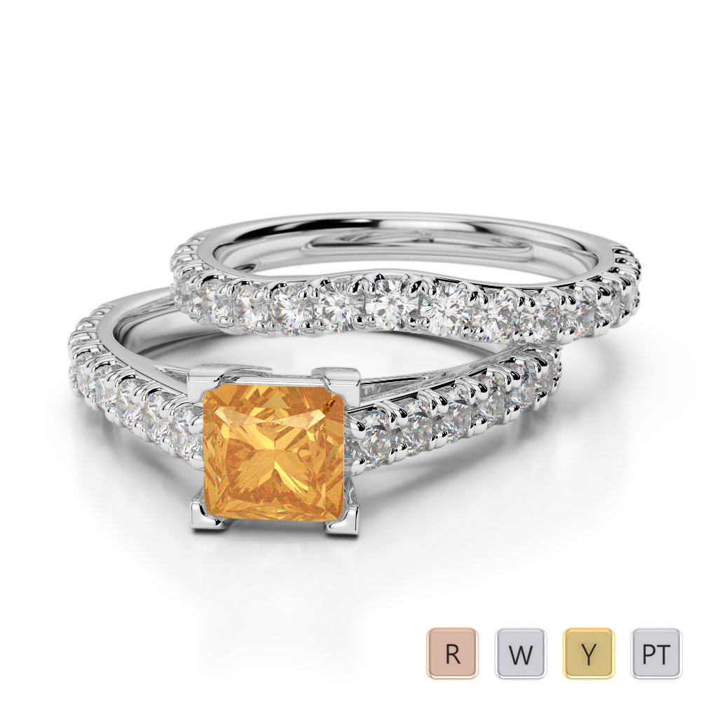 Princess Cut Citrine & Round Diamond Bridal Set Ring 0327