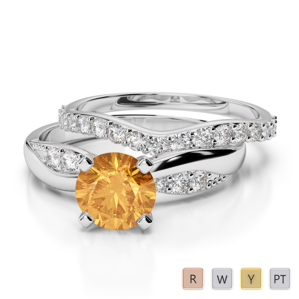 4 Prong Set Citrine & Diamond Bridal Set Ring 0335