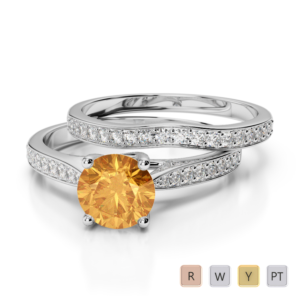 Round Cut Bridal Set Ring With Citrine and Diamond 0350