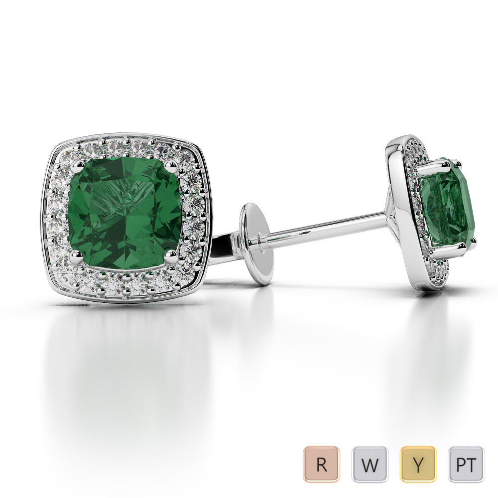 Cushion Shape Emerald and Diamond Earrings 0466