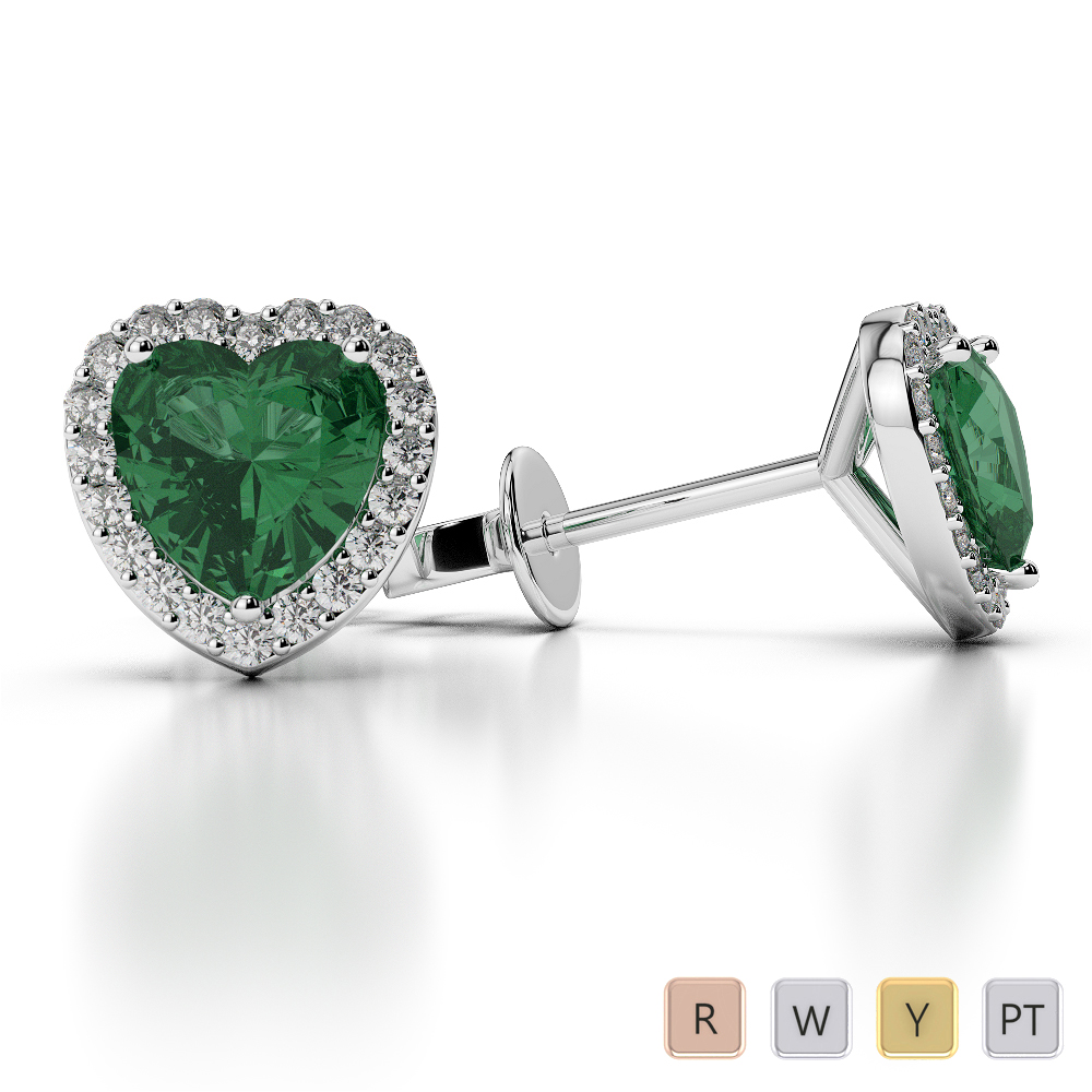 Heart Shape Emerald & Round Diamond Earrings 0469