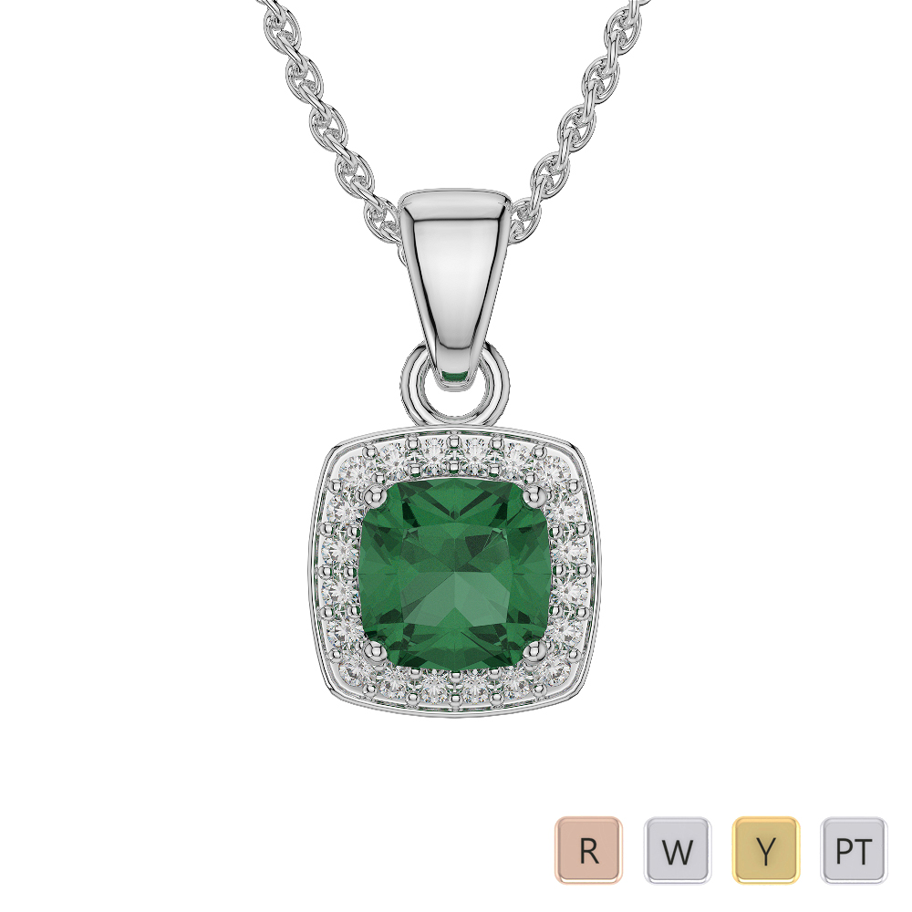 Cushion Shape Emerald and Diamond Necklaces 0559