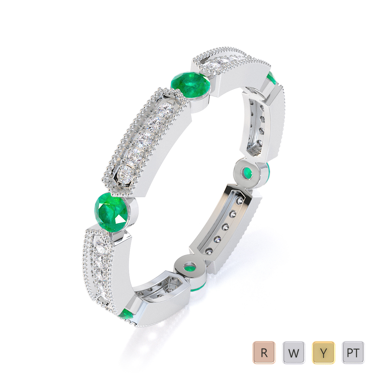 Milgrain Prong Set Diamond & Bezel Set Emerald Full Eternity Ring 0424