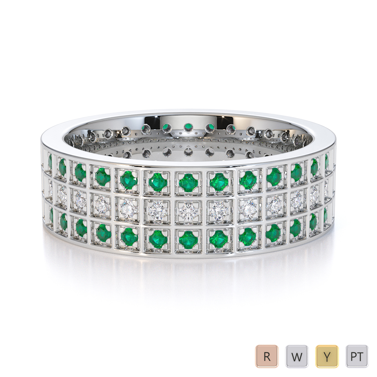 3 Row Claw Set Diamond and Emerald Full Eternity Ring 0436
